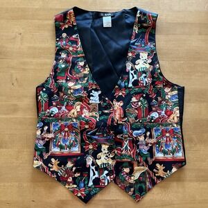 VTG 111 Main Christmas Novelty Vest Womens M Black Santas Workshop Elves Toys
